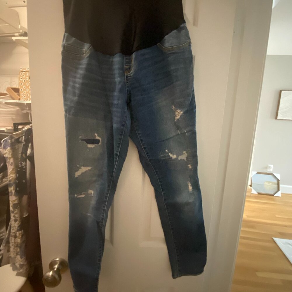 Liz Lange Maternity Jeans Over The Belly Ankle Skinny Distressed Denim Sz XS